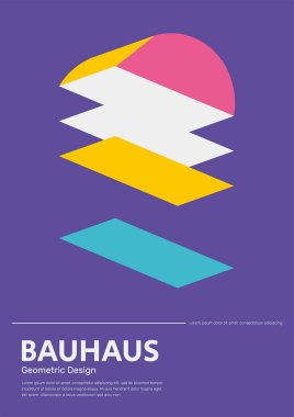 Bauhaus ve Mondrian tasarım arka planı renkli şekilleri ve desenleri var. 20 'li yıllarda soyut vektör şablonu ve metinli modern tarz. Baskı, poster ve kapak için.