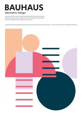 Bauhaus ve Mondrian tasarım arka planı renkli şekilleri ve desenleri var. 20 'li yıllarda soyut vektör şablonu ve metinli modern tarz. Baskı, poster ve kapak için.