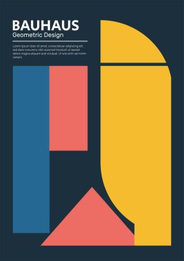 Bauhaus ve Mondrian tasarım arka planı renkli şekilleri ve desenleri var. 20 'li yıllarda soyut vektör şablonu ve metinli modern tarz. Baskı, poster ve kapak için.