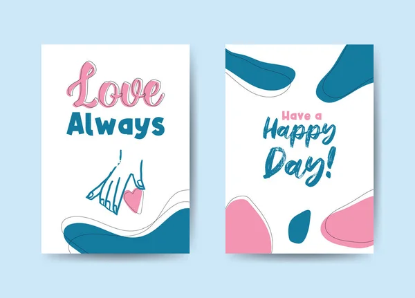 Wenskaarten Set Sjabloon Ontwerp Roze Blauwe Kleuren Met Belettering Moderne — Stockvector