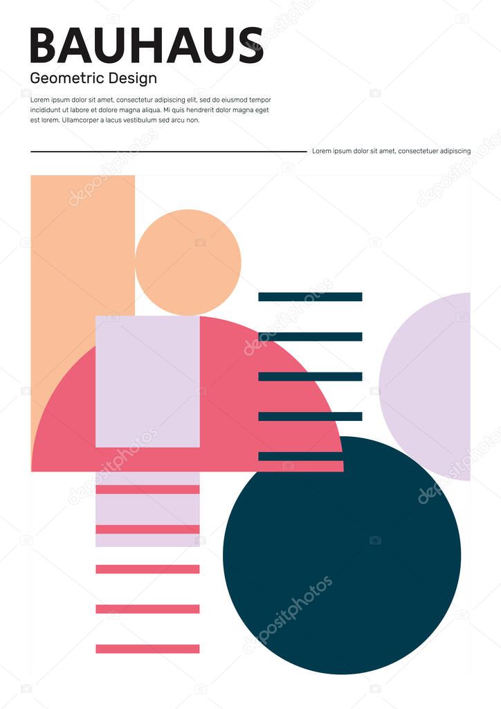 Bauhaus and Mondrian design background with colorful shapes and pattern. Abstract vector template in 20s retro vibe and modern style with text. For print, poster and cover.