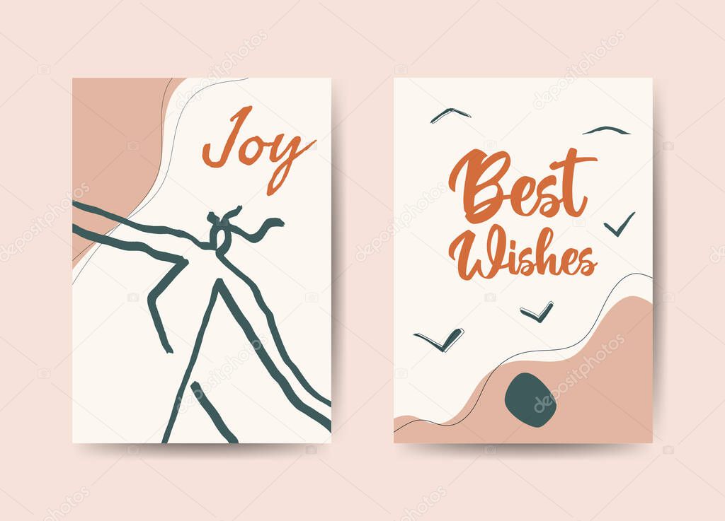 Greeting cards set template design, earth tones with lettering. Modern, trendy abstract art concept with people dancing in line art and landscape art in boho style. Vector backgrounds illustration.