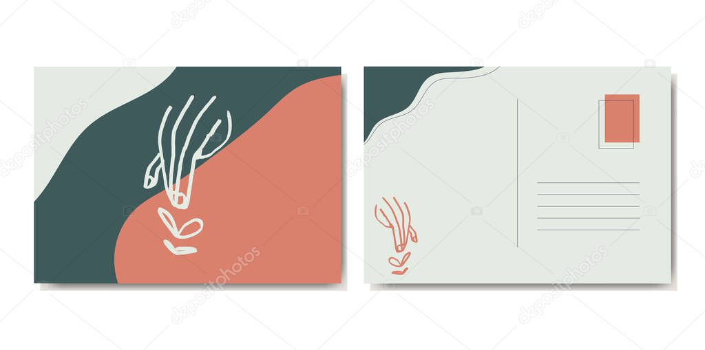 Vector abstract hand drawn line art hand with flower with earth tones. Artsy contemporary artwork design in boho style. For postcard.