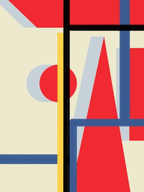 Bauhaus Soyut ve Neoplastik Tasarım Şablonu. Birincil Renkli Geometrik Şekiller. Arkaplan, baskı, sanat dekorasyonu, sanat eseri, moda endüstrisi ve duvar kağıdı için.