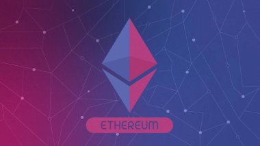 Ethereum 2.0 çokgen gradyan zemin ile şifreli para birimi güncellemesi. Engelleme teknolojili dijital sanat konsepti çizimi. Web pankartı, bilgi resimleme konsepti için kullanılabilir.