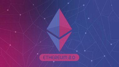 Ethereum 2.0 çokgen gradyan zemin ile şifreli para birimi güncellemesi. Engelleme teknolojili dijital sanat konsepti çizimi. Web pankartı, bilgi resimleme konsepti için kullanılabilir.
