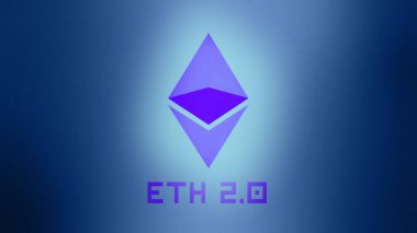 ETH 2.0 veya Ethereum 2.0 gradyan arkaplanda güncellenmiş sembol. Kripto para birimi ve engelleme zinciri kriptoart tasviri. Web pankartı, bilgi resimleme konsepti için kullanılabilir