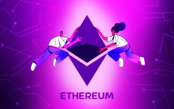 Ethereum Nebo Eth Kryptoměna Dvěma Lidmi Dotknout Éterický Symbol Koncept — Stock fotografie