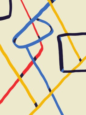 Mondrian ve Kandinsky 'nin neoplastik etkisiyle soyut el boyama posteri. Kalın çizgi ve açılı düzenli kompozisyon. Soyut şekil ve enerjik çizgi. Yazdırma ve poster için tasarlandı