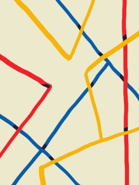 Enerjik, soyut, kalın çizgi sanatı. Neoplastisizm ve mondrian sanat tarzıyla. Parlak ve birincil renk. Çürümüş çizgi ve labirent. Baskı, tekstil, duvar kağıdı için dikey poster resmi.