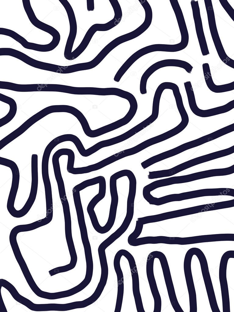 80s street art scribble drawing. Graffiti black line art with loop and anxious labyrinthine line art. Keith haring vibe. Black and withe doodle art. Designed for print and poster.