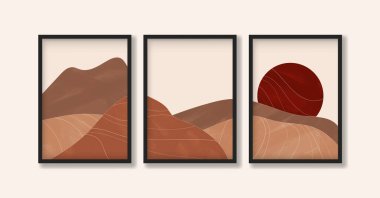 Desert landscape with sun in earth tones in boho style. Modern abstract triptych artwork for print, poster and art product. clipart