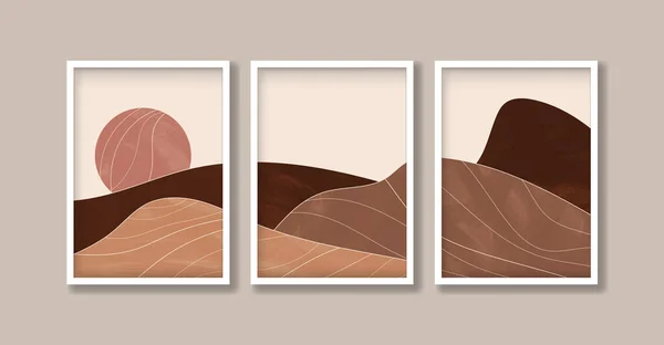 Üç parçalı çöl manzarası. Güneşli toprak tonları Boho tarzında. Modern, modaya uygun soyut sanat kavramı. Vektör arkaplan çizimi. Baskı, poster ve sanat ürünleri için.