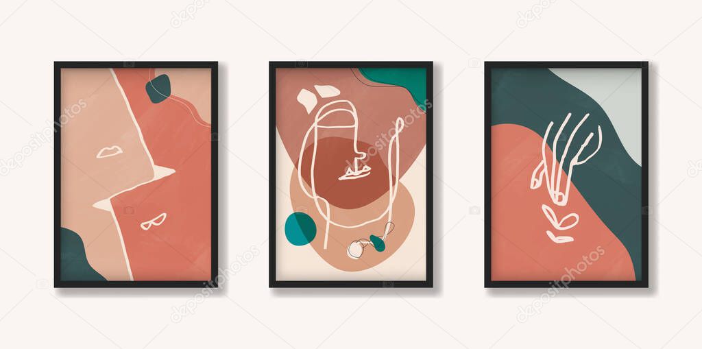 Collection of 3 painting art in boho style. Trendy contemporary artwork design in earth stone. Vector concept for print, poster and art product.