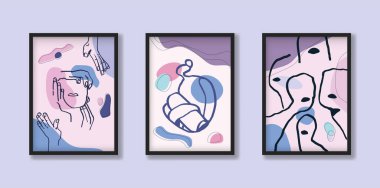 Çizgi sanatında portre ve boho tarzında organik şekiller içeren 3 sanat eseri koleksiyonu. Makyaj üzerine pastel renkli vektör çağdaş sanat. Baskı, poster ve sanat ürünleri için.