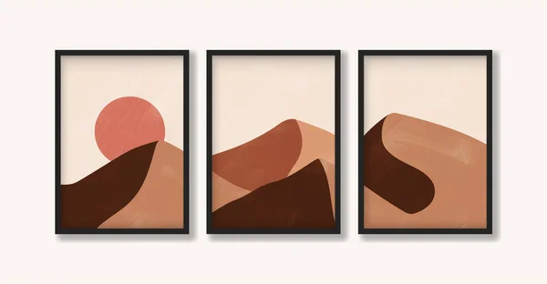 Toprak tonlarında üç parçalı manzara resmi. Boho tarzında modern, modaya uygun soyut sanat kavramı. Vektör arkaplan çizimi. Baskı, poster ve sanat ürünleri için.