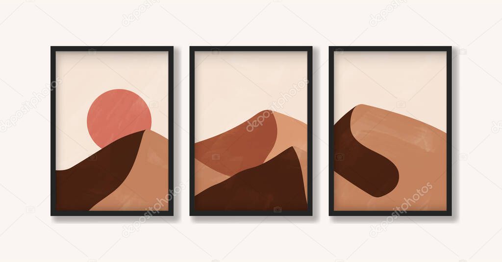 Triptych landscape painting in earth tones. Modern, trendy abstract art concept in boho style. Vector backgrounds illustration. For print, poster and art product.