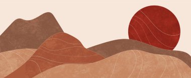 Sıcak tonlarda çöl manzarası ve ufukta güneş olan doku. Baskı, poster ve sanat ürünü için Boho ve İskandinav sanat geçmişi.