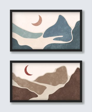 Hilal şeklindeki hilal ile İskandinav çöl manzarası sıcak ve soğuk renklerde dokularla işliyor. Duvar baskısı, poster ve sanat ürünü için modern moda arka plan.