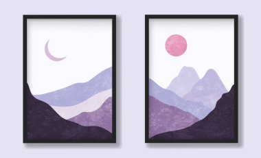 Dokuları olan güzel pembe dağ manzaraları. Baskı posteri ve sanat ürünü için İskandinav tarzında vektör illüstrasyonu.