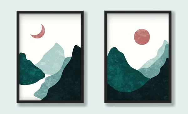 Verde Montaña Asiática Paisajes Con Sol Luna Colores Fríos Con — Vector de stock