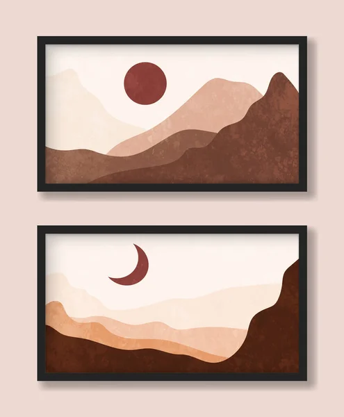 Ensemble Paysages Désertiques Vectoriels Avec Lune Soleil Montagnes Aux Couleurs — Image vectorielle