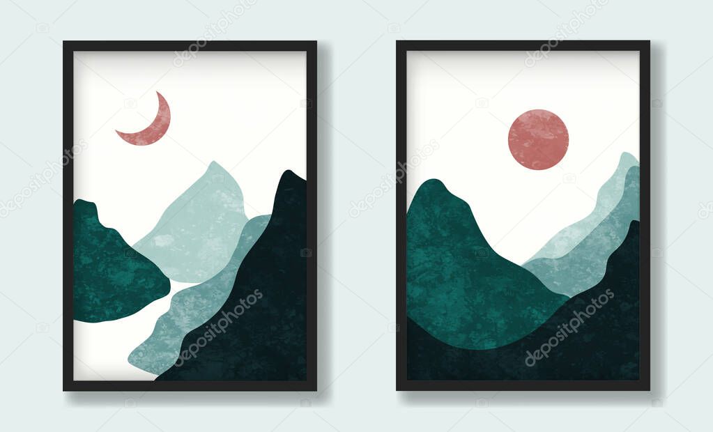 Green mountain asian landscapes with sun and moon in cold colors with texture. Modern trendy vector artwork flat design in scandinavian style on mockup. For wall print, poster and art product.