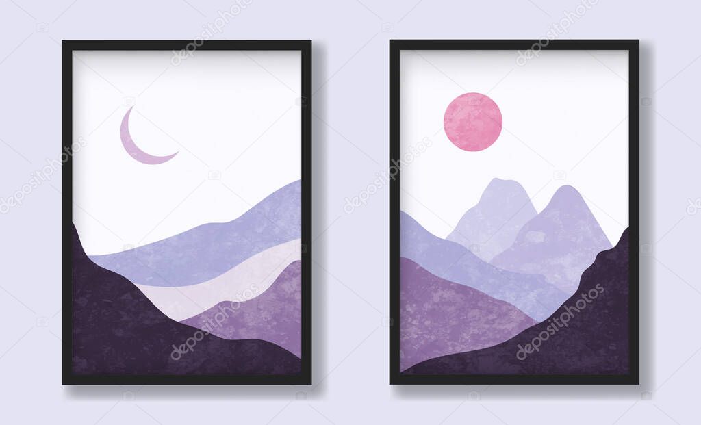 Beautiful pink colors mountain landscapes with texture. Vector illustration in scandinavian style for print poster and art product.