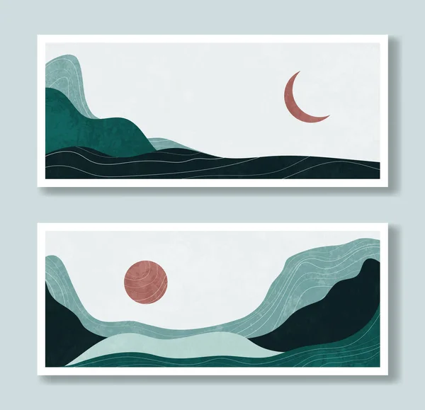 Obra Arte Vectorial Horizontal Paisajes Chinos Colores Fríos Con Textura — Vector de stock