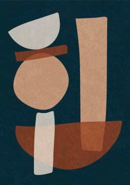 Koyu yeşil arka planlı modern sanat eserleri. Toprak renklerinde üst üste dizilmiş şekiller. Baskı, poster ve sanat ürünleri için.