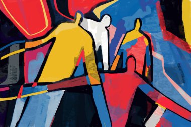 Renkli soyut insanlar neoplastisizm ve kübizm sanat tarzı. Mondrian ve Keith Haring tarzlarında soyut insanlarla birincil renklerle resim yapmak. Baskı ve duvar sanatı için.