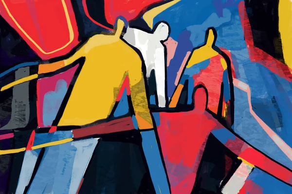 Renkli soyut insanlar neoplastisizm ve kübizm sanat tarzı. Mondrian ve Keith Haring tarzlarında soyut insanlarla birincil renklerle resim yapmak. Baskı ve duvar sanatı için.