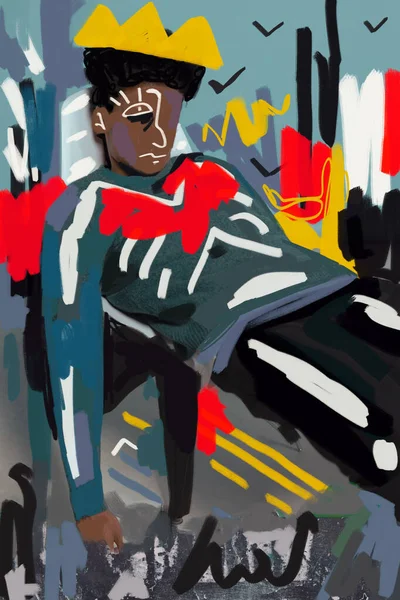Komik üzgün ve tembel siyah adam büyük tacı olan kral. Basquiat titreşimli resim sanatı. Dışavurumculuk ve dışavurumculuk ile fotoğrafçılık üzerine soyut sanat. Tişört, baskı, poster ve sanat endüstrisi için resim.