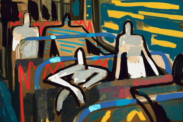 İnsan figürlü sanat graffiti konsepti. Otobüse hep birlikte binelim. Soyut grafiti ve renk çizgisi olan fotoğrafçılık üzerine insan figürü. Biraz endişeli, korkutucu ve toplumsal alaycı. .