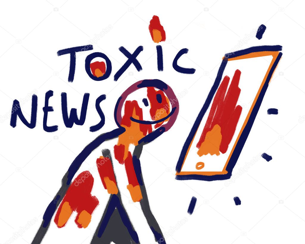 Someone show de toxic news on fire with big smile. Modern and Funny painting drawing line with color. expressionism cartoon and sarcastic. Art painting for t-shirt, print, poster and art industry.