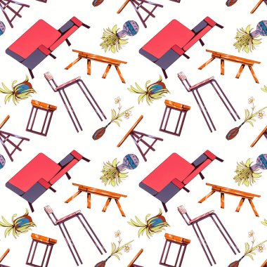 Karikatür mobilya deseni beyaza izole edilmiş. Reklam, ambalaj kağıdı, duvar kağıdı, baskı için moda illüstrasyon.