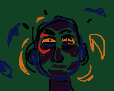 Yeşil arka planda fauvism rengi olan insanların şüpheli portresi. Son modernizm sanatı ile Neo dışavurumculuk sanatı. Baskı ve duvar sanatı için modern sanat.