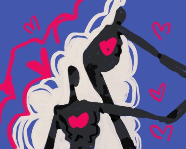 Sevimli iki siyah insan, kalbi bulutlu ve mavi renkli güzel bir tablo. Son modernizm sanatı ile yeni dışavurumculuk sanatı. Baskı ve duvar sanatı için modern sanat