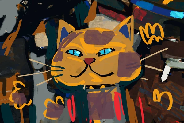 Смешной Мультяшный Кот Красить Одну Стену Искусства Смешанное Фото Живопись — стоковое фото