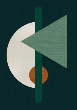 Koyu yeşil arkaplan içinde ahşap ve taş desenli üçgen ve daire şekillerinin soyut yerleşimi. Baskı, poster, kart ve sanat ürünleri için modern İskandinav tarzı sanat eserleri.