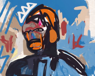 Street art and graffiti painting on mural, digital art. Post modern portrait of person with graffiti crown a la Basquiat. Illustration for print, poster, banner and art product. clipart