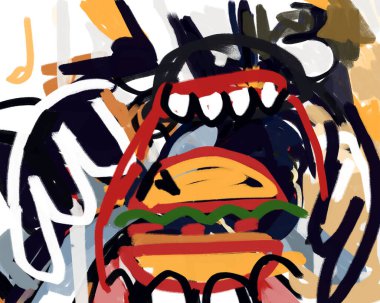 Post-modern bir tablo la basquiat, fast-food ve abur cubur tüketimi kınama için parodik resim. Baskı, poster, medya ve reklamlar için sağlıksız yeme illüstrasyonu.