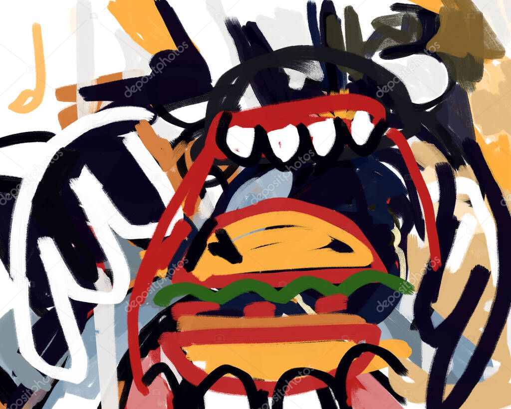 Post-modern painting a la basquiat, parodic artwork painting for fast-food and junk food consumption denunciation. Unhealthy eating illustration for print, poster, media, ads.