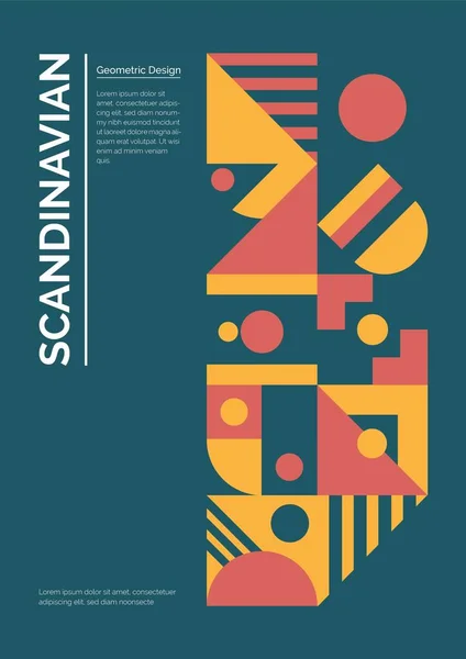 Geometrik şekilli İskandinav poster şablonu. Sarı ve kırmızı modern ve çağdaş sanat eserleri Bauhaus ve kübizm tarzı.