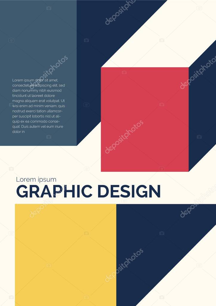 Graphic design with volume shapes. Vector illustration template poster. Modern and contemporary artwork with yellow and red squares.
