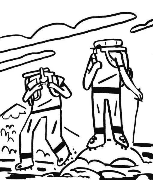 Hiking Drawing Cartoon Sketch Black Line Sketch Funny Humor Illustration — Stock Photo, Image