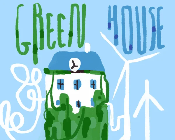 Vieille Maison Européenne Énergies Renouvelables Vertes Avec Éolienne Illustration Dessinée — Photo