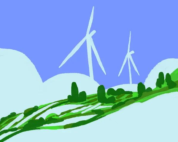 Αγροτικό Τοπίο Χωράφια Ανεμογεννήτρια Σύννεφα Και Γαλάζιο Ουρανό Πράσινη Βλάστηση — Φωτογραφία Αρχείου