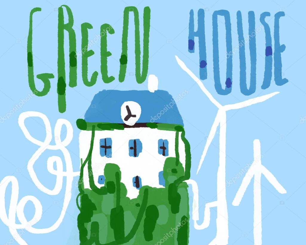 Old european house, renewable and green energy with wind turbine. Hand drawn and painted illustration. Simple and minimalist eco concept.