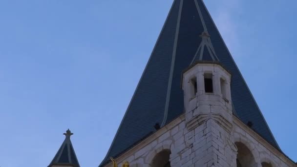 Närbild Arkitektoniska Detaljer Eglise Notre Dame Liesse Annecy Frankrike Kyrka — Stockvideo